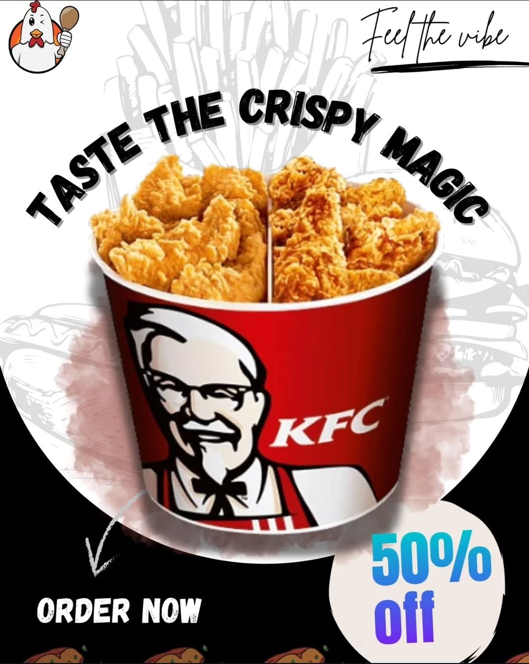 KFC-inspired poster design featuring signature fried chicken and bold red branding.